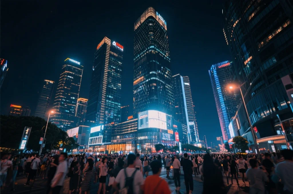 现代都市夜景，摩天大楼灯光璀璨，街道上人群熙攘，呈现活力与时尚氛围