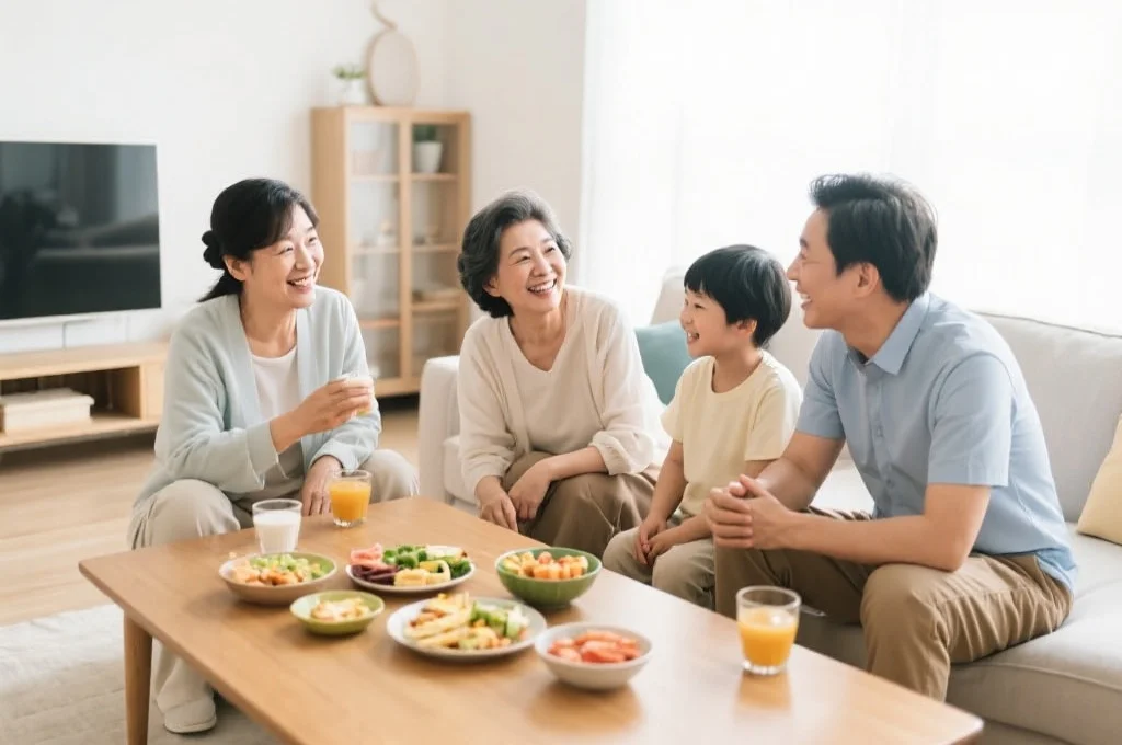 家庭成员一起在明亮的客厅里微笑交流，桌上摆放着健康小吃和饮品，气氛温馨和谐