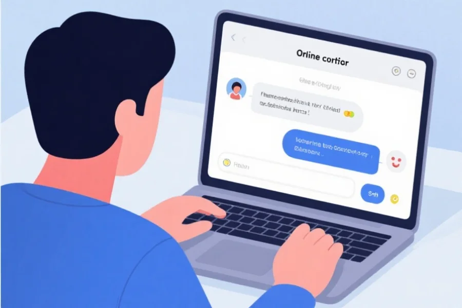 一张展示用户在笔记本电脑上与在线客服聊天的插图，屏幕上显示对话内容，氛围积极友好