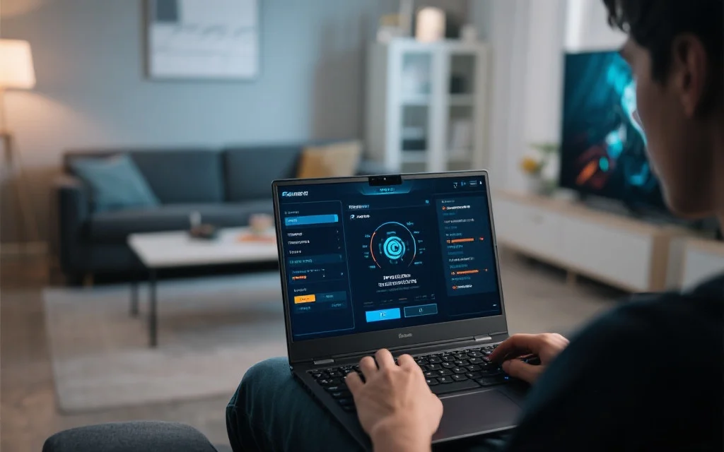 现代风格家庭环境下一名玩家专注于笔记本电脑屏幕，屏幕上显示游戏性能设置界面